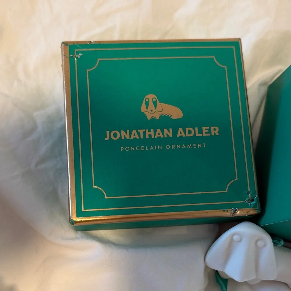 Jonathan Adler White Porcelain Hound Dog Ornament with Teal Gift Box and Ribbon